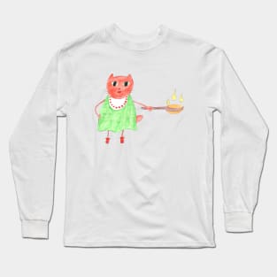 Cat chef with food Fashion trend painted in watercolor. Strong design. Long Sleeve T-Shirt